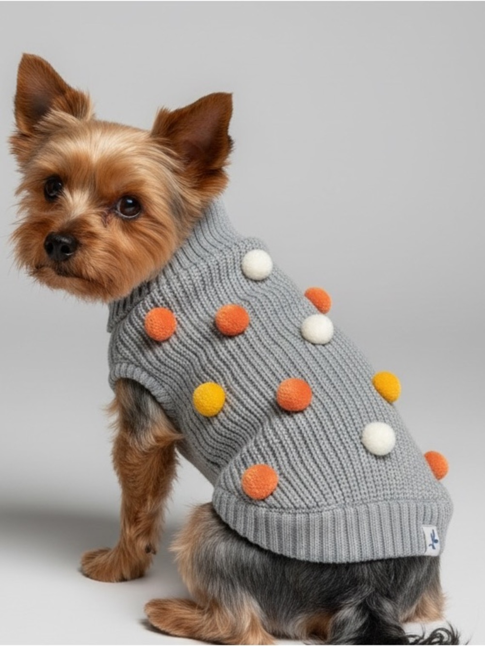 Cozy Gray Pom-Pom Knit Dog Sweater with Pom Poms
